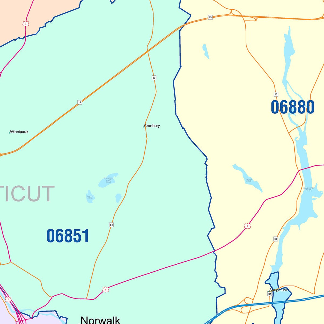 Color Cast Zip Code Style Wall Map of Norwalk, CT
