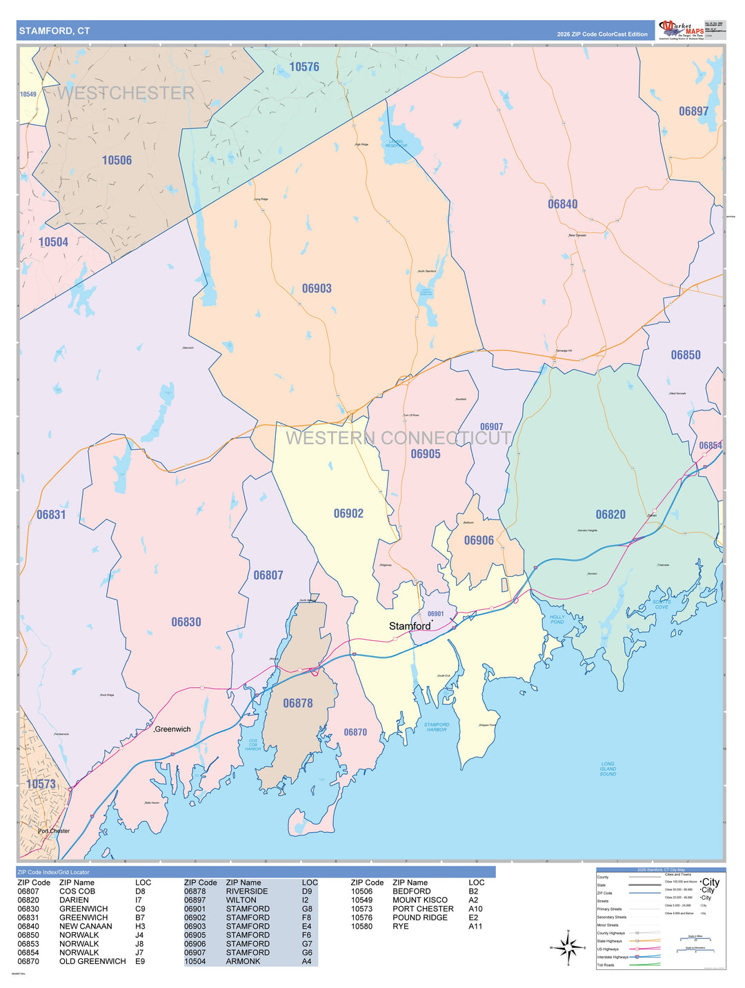 Color Cast Zip Code Style Wall Map of Stamford, CT