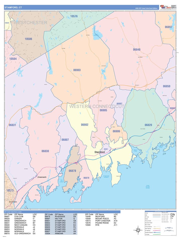 Color Cast Zip Code Style Wall Map of Stamford, CT