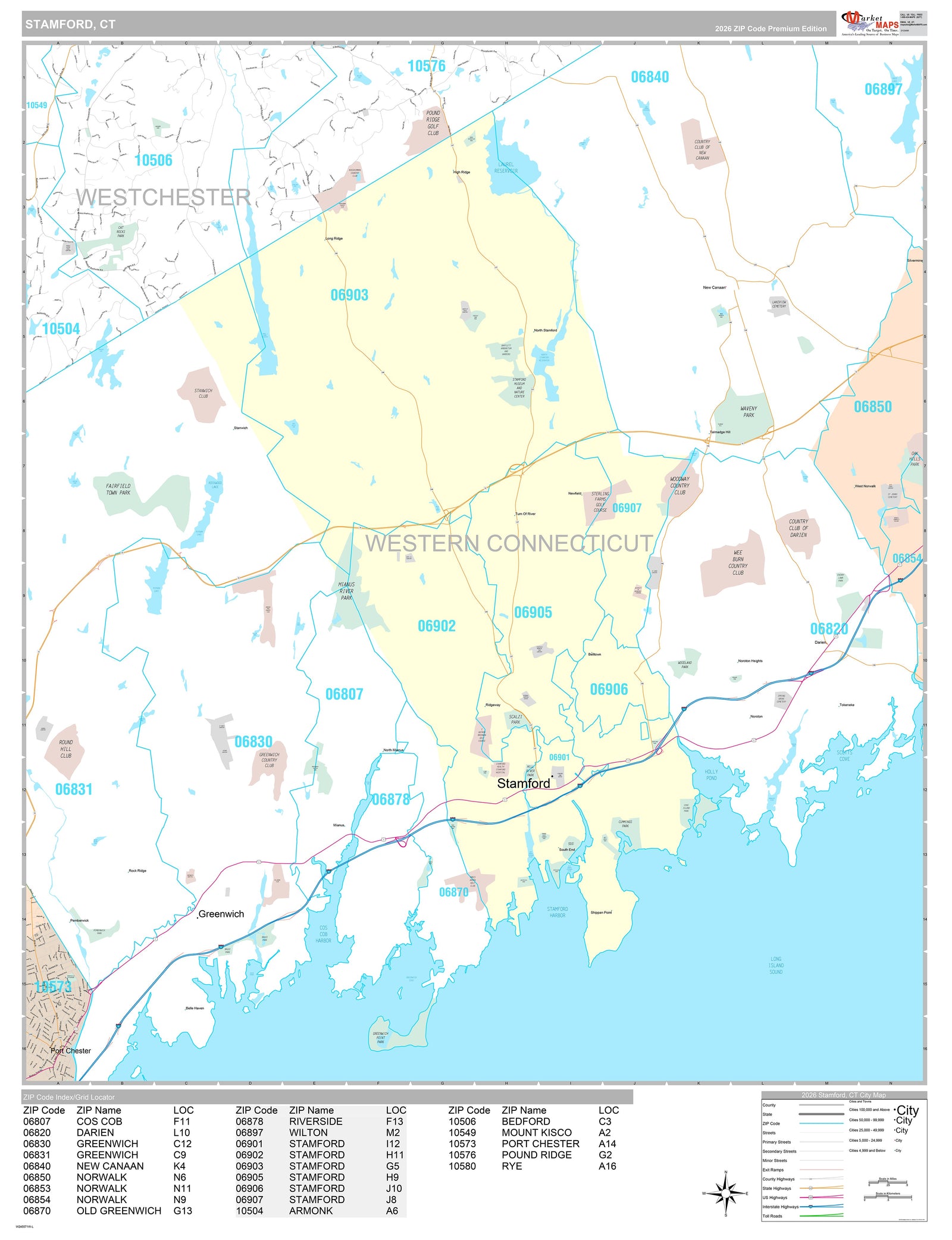 Premium Style Wall Map of Stamford, CT