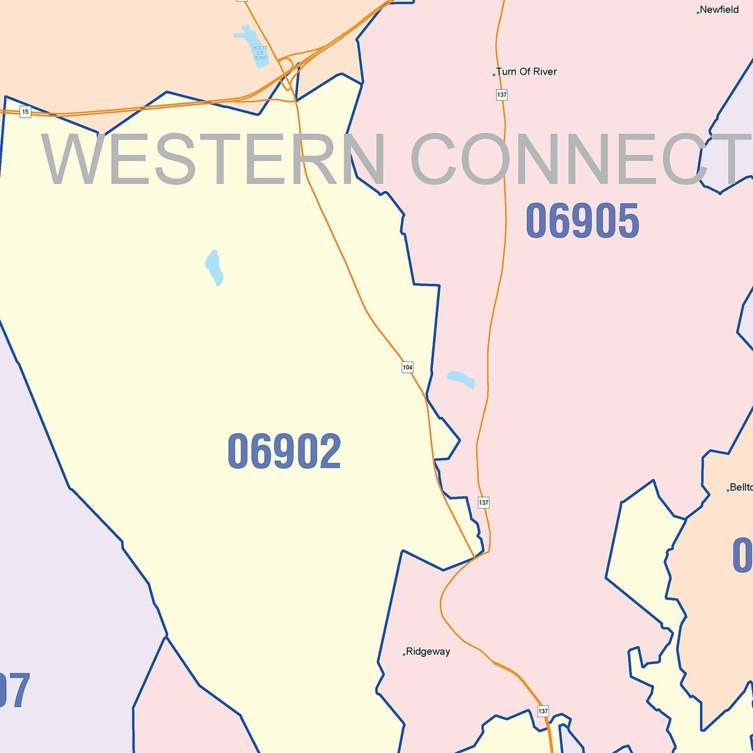 Color Cast Zip Code Style Wall Map of Stamford, CT