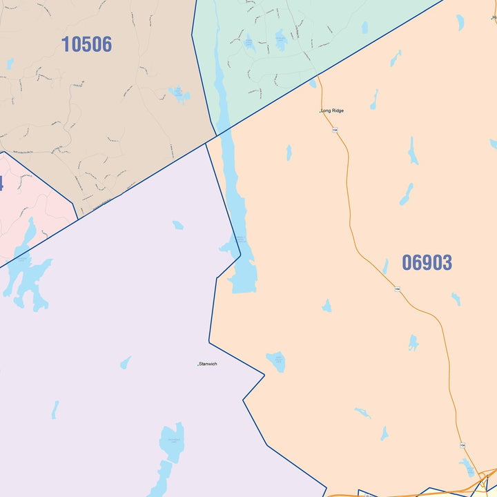 Color Cast Zip Code Style Wall Map of Stamford, CT