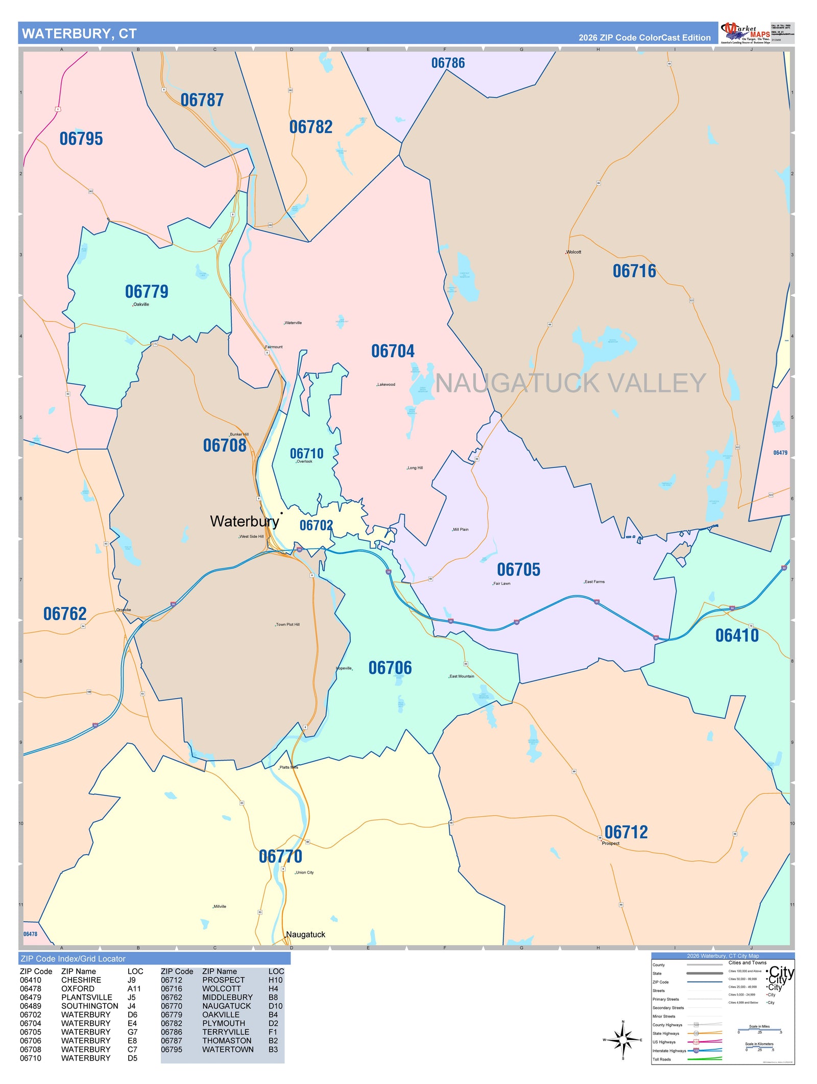 Color Cast Zip Code Style Wall Map of Waterbury, CT