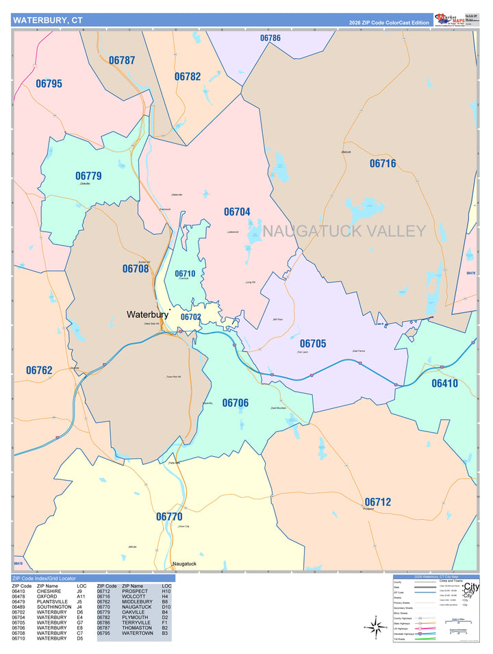 Color Cast Zip Code Style Wall Map of Waterbury, CT