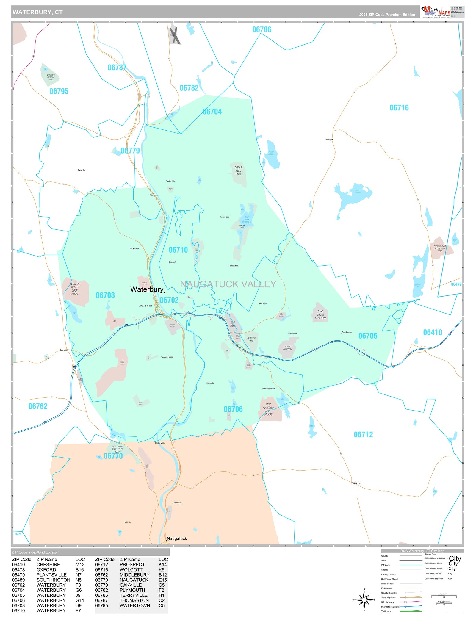 Premium Style Wall Map of Waterbury, CT