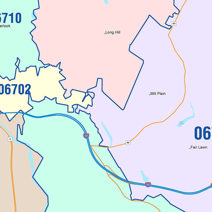 Color Cast Zip Code Style Wall Map of Waterbury, CT