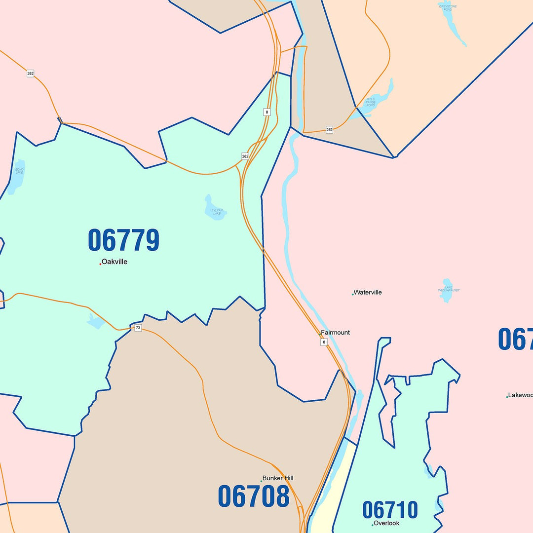 Color Cast Zip Code Style Wall Map of Waterbury, CT