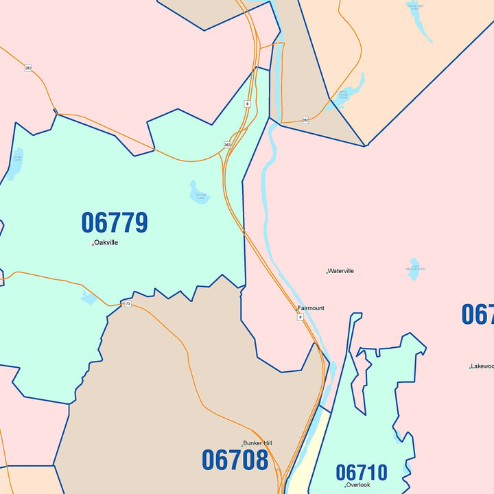 Color Cast Zip Code Style Wall Map of Waterbury, CT