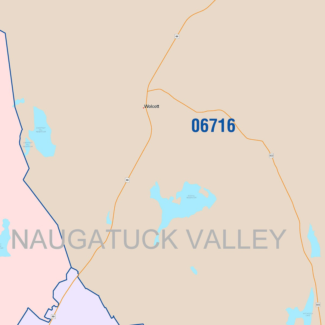 Color Cast Zip Code Style Wall Map of Waterbury, CT