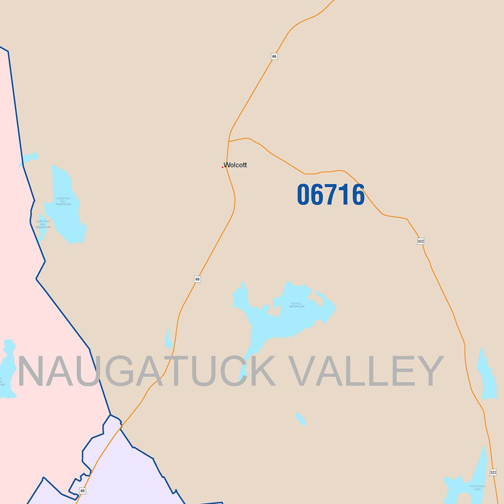 Color Cast Zip Code Style Wall Map of Waterbury, CT