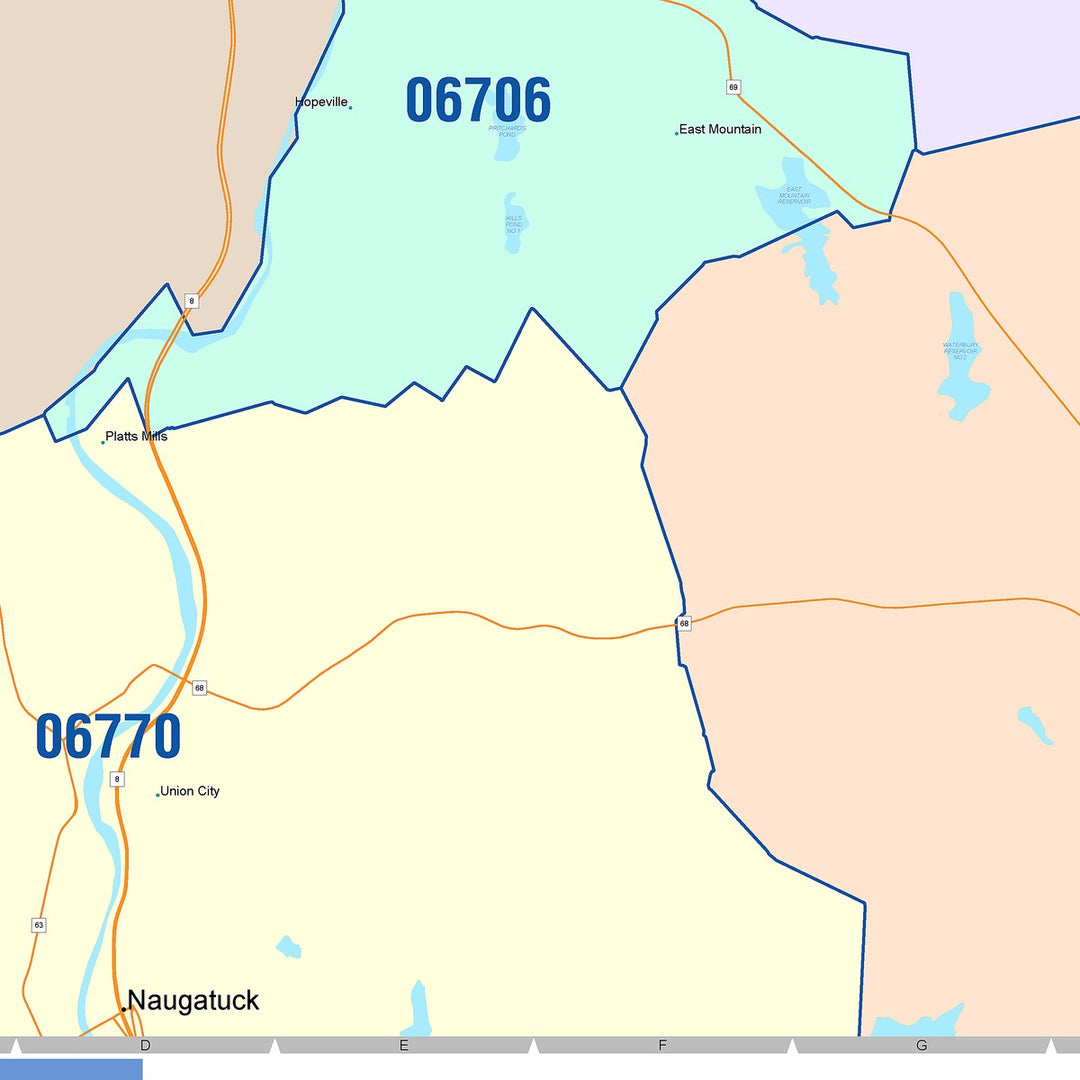 Color Cast Zip Code Style Wall Map of Waterbury, CT