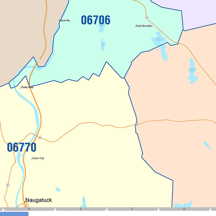 Color Cast Zip Code Style Wall Map of Waterbury, CT