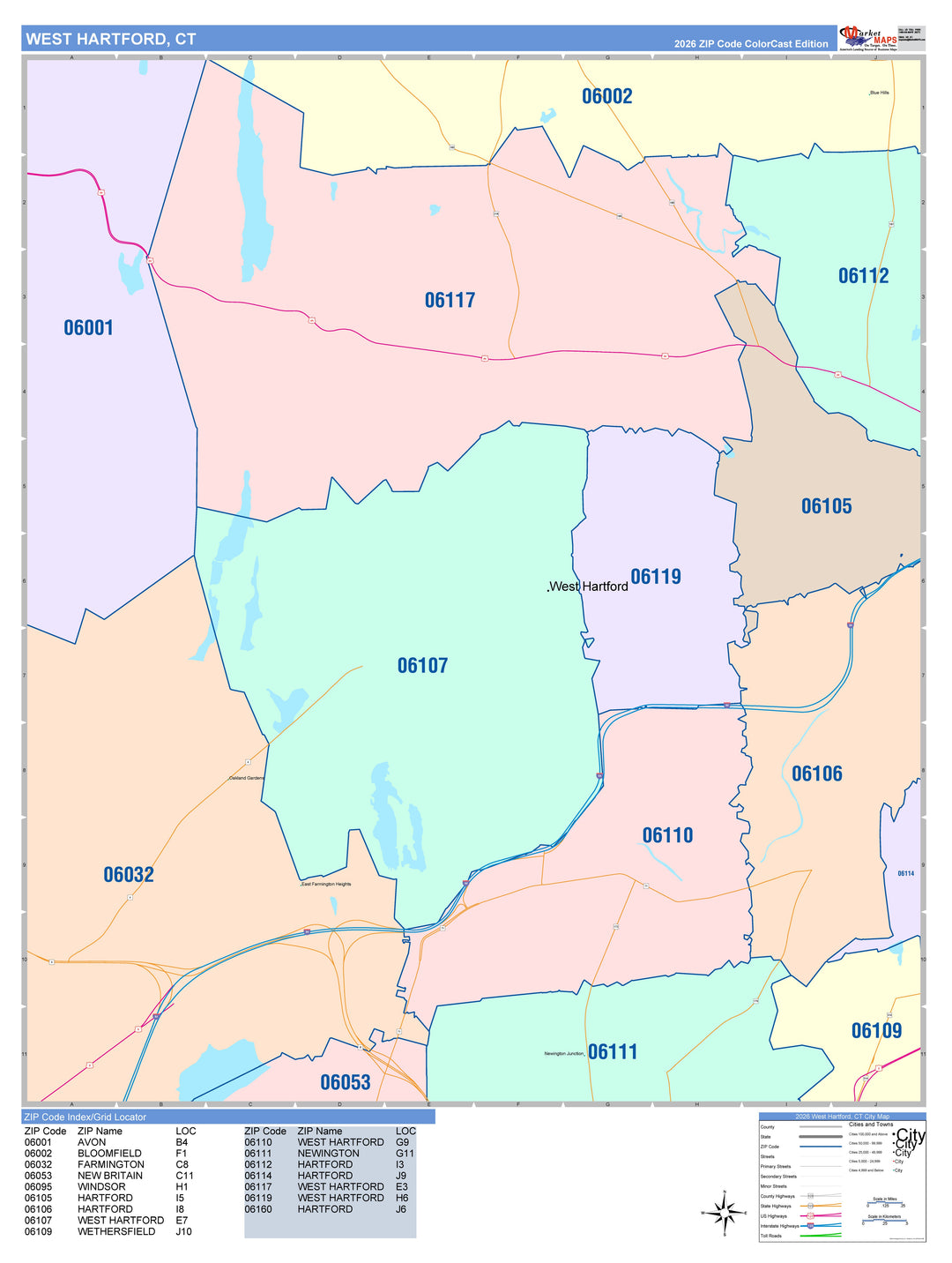 Color Cast Zip Code Style Wall Map of West Hartford, CT