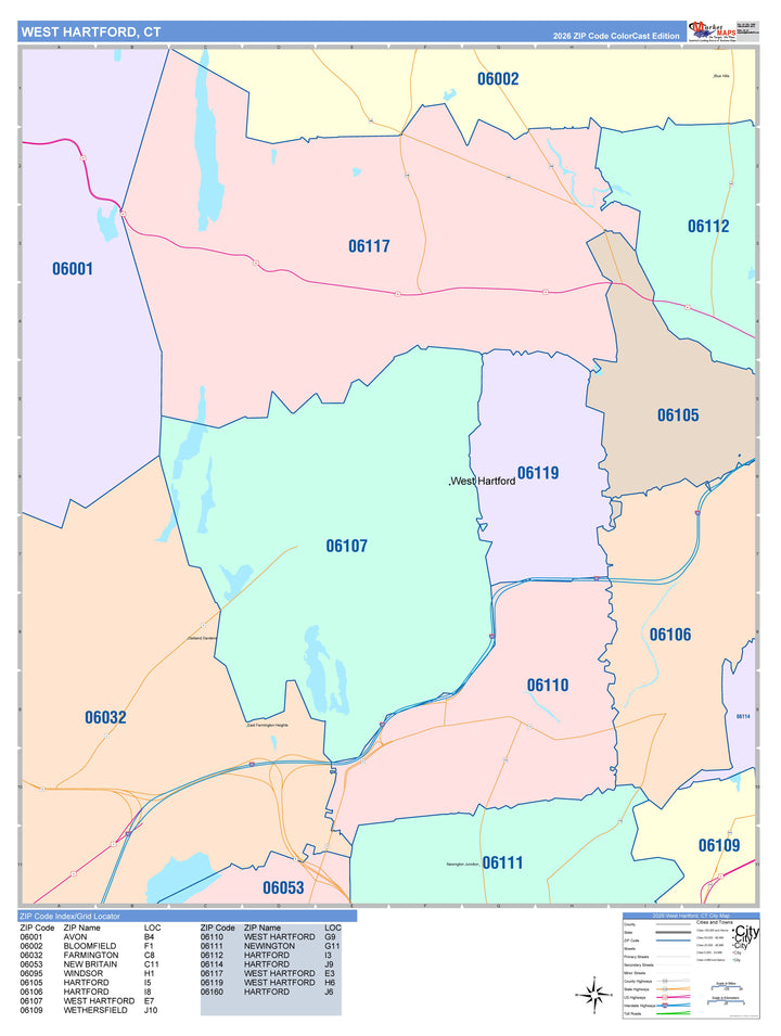 Color Cast Zip Code Style Wall Map of West Hartford, CT