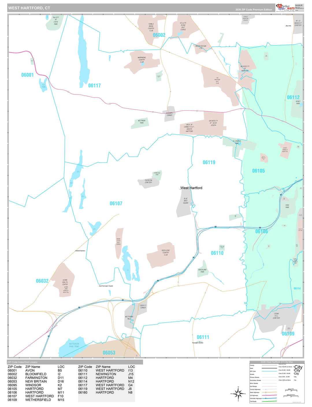 Premium Style Wall Map of West Hartford, CT