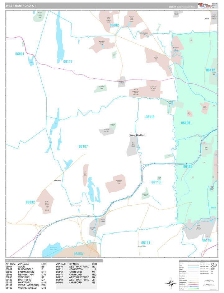 Premium Style Wall Map of West Hartford, CT