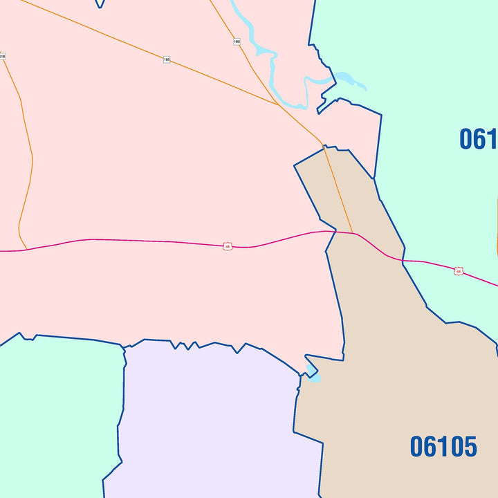 Color Cast Zip Code Style Wall Map of West Hartford, CT