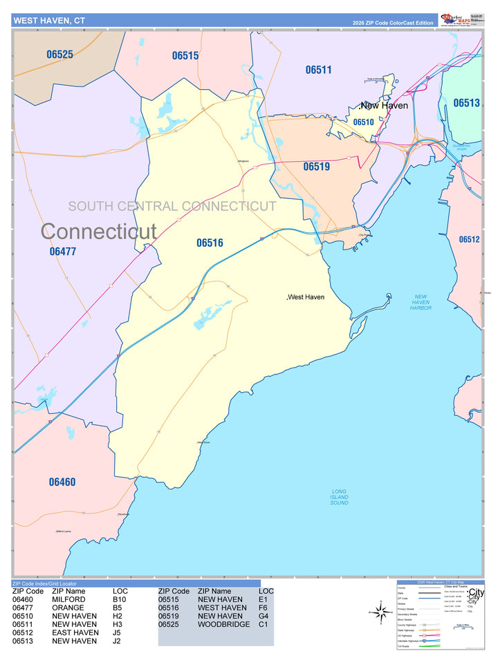 Color Cast Zip Code Style Wall Map of West Haven, CT