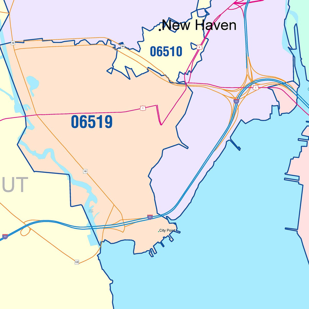Color Cast Zip Code Style Wall Map of West Haven, CT
