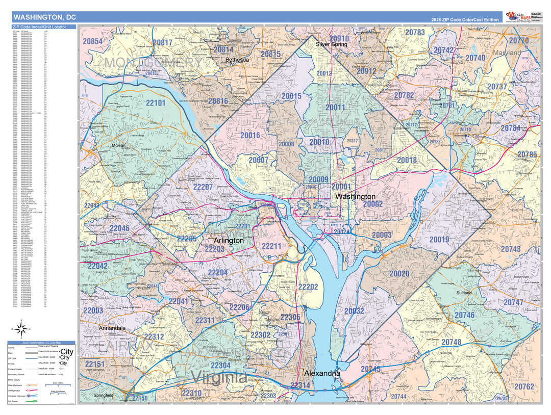 Colorcast Zip Code Style Wall Map of Washington, DC