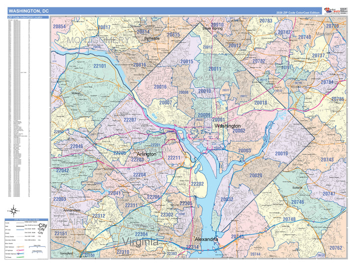 Colorcast Zip Code Style Wall Map of Washington, DC