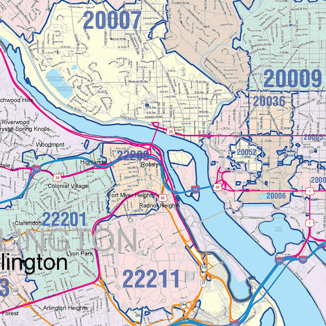 Colorcast Zip Code Style Wall Map of Washington, DC