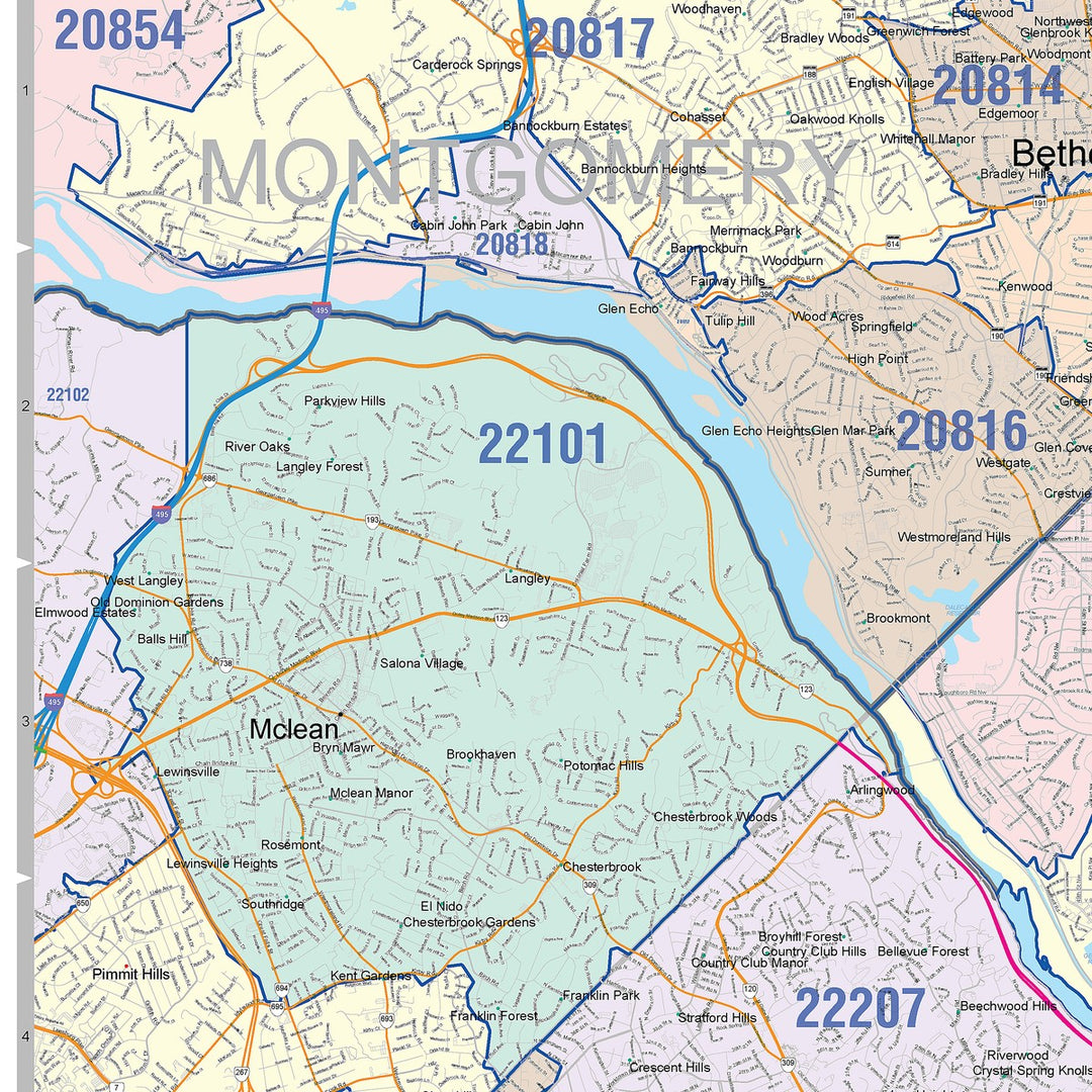 Colorcast Zip Code Style Wall Map of Washington, DC