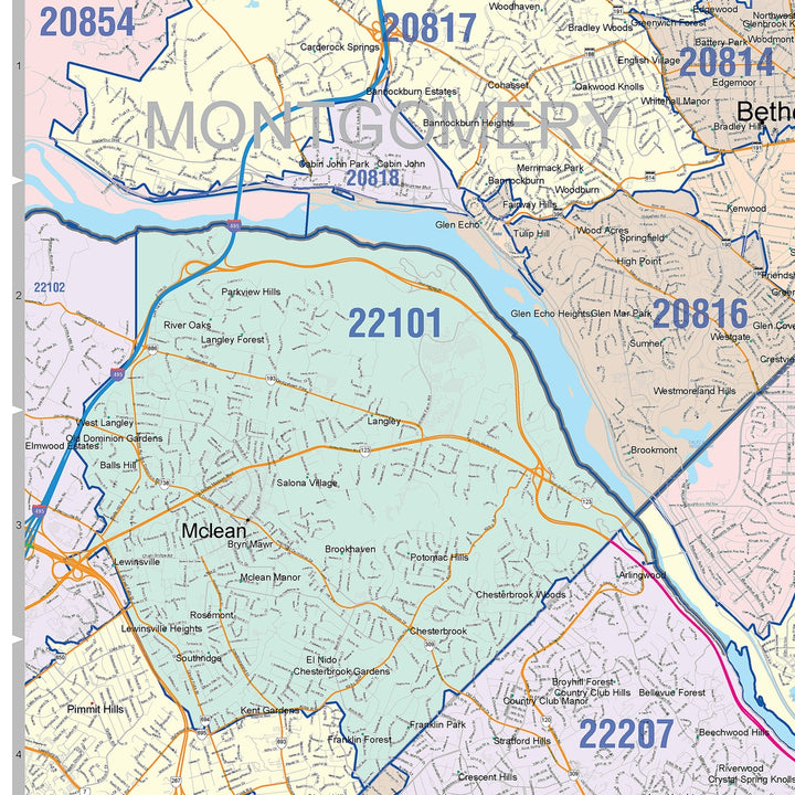 Colorcast Zip Code Style Wall Map of Washington, DC