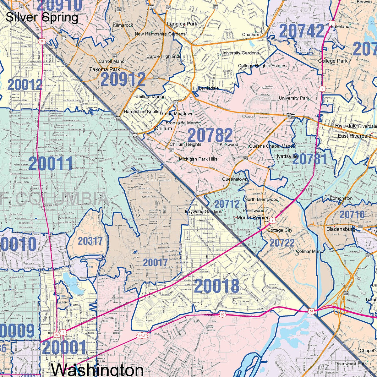 Colorcast Zip Code Style Wall Map of Washington, DC – American Map