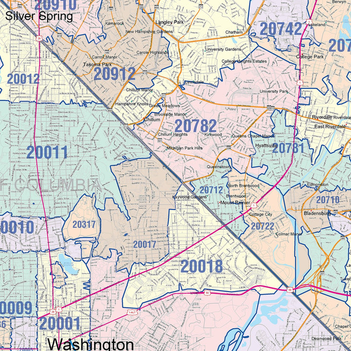 Colorcast Zip Code Style Wall Map of Washington, DC