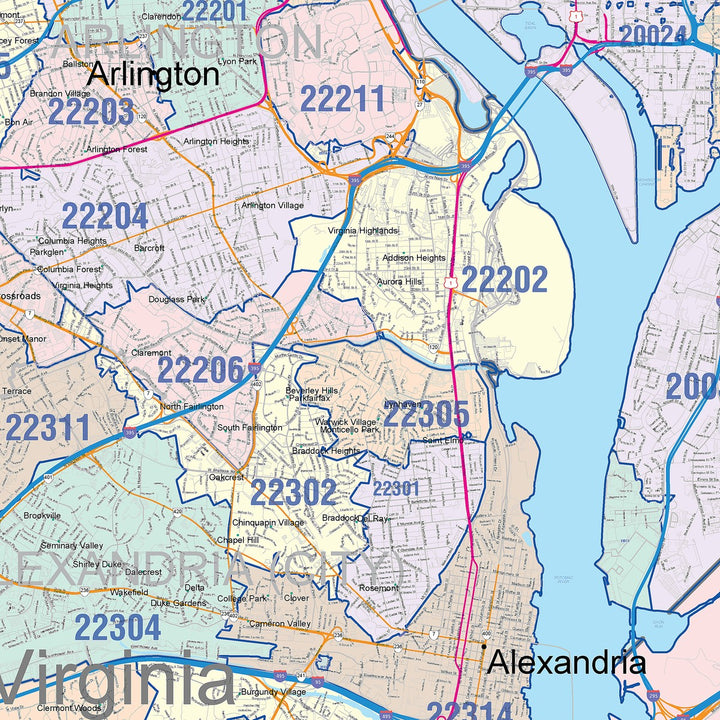 Colorcast Zip Code Style Wall Map of Washington, DC