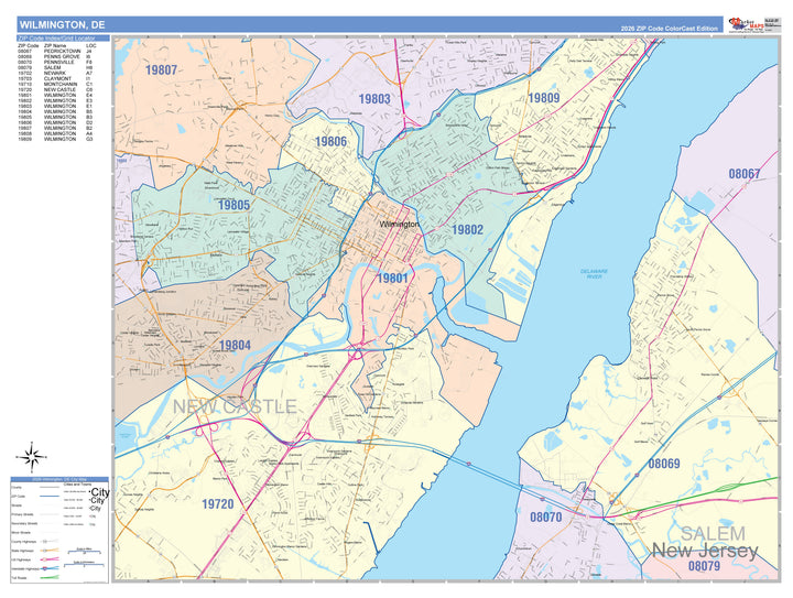 Color Cast Zip Code Style Wall Map of Wilmington, DE