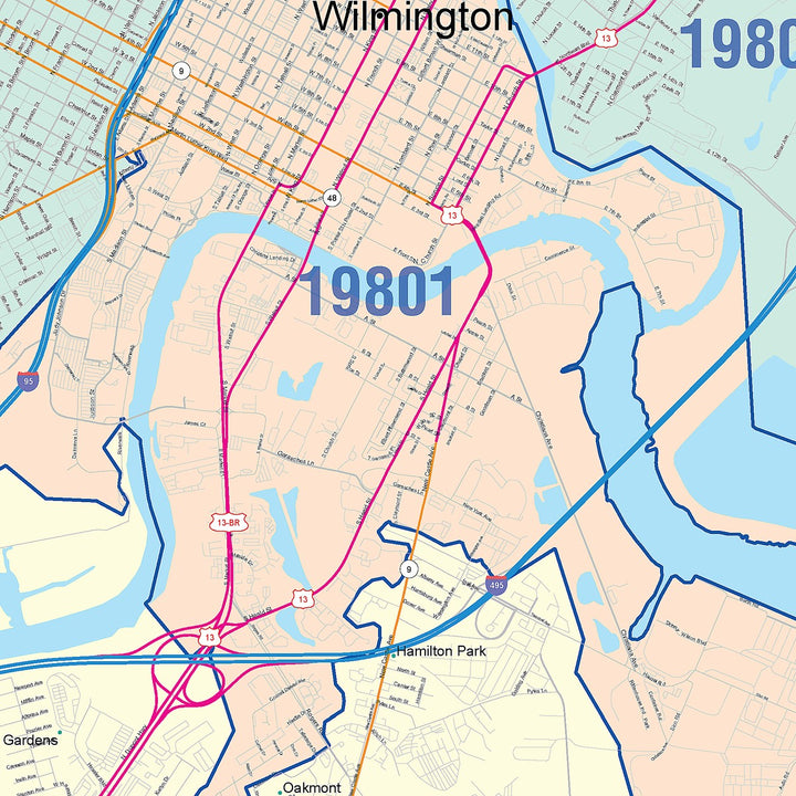 Color Cast Zip Code Style Wall Map of Wilmington, DE