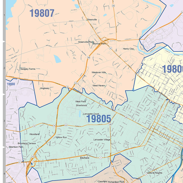 Color Cast Zip Code Style Wall Map of Wilmington, DE