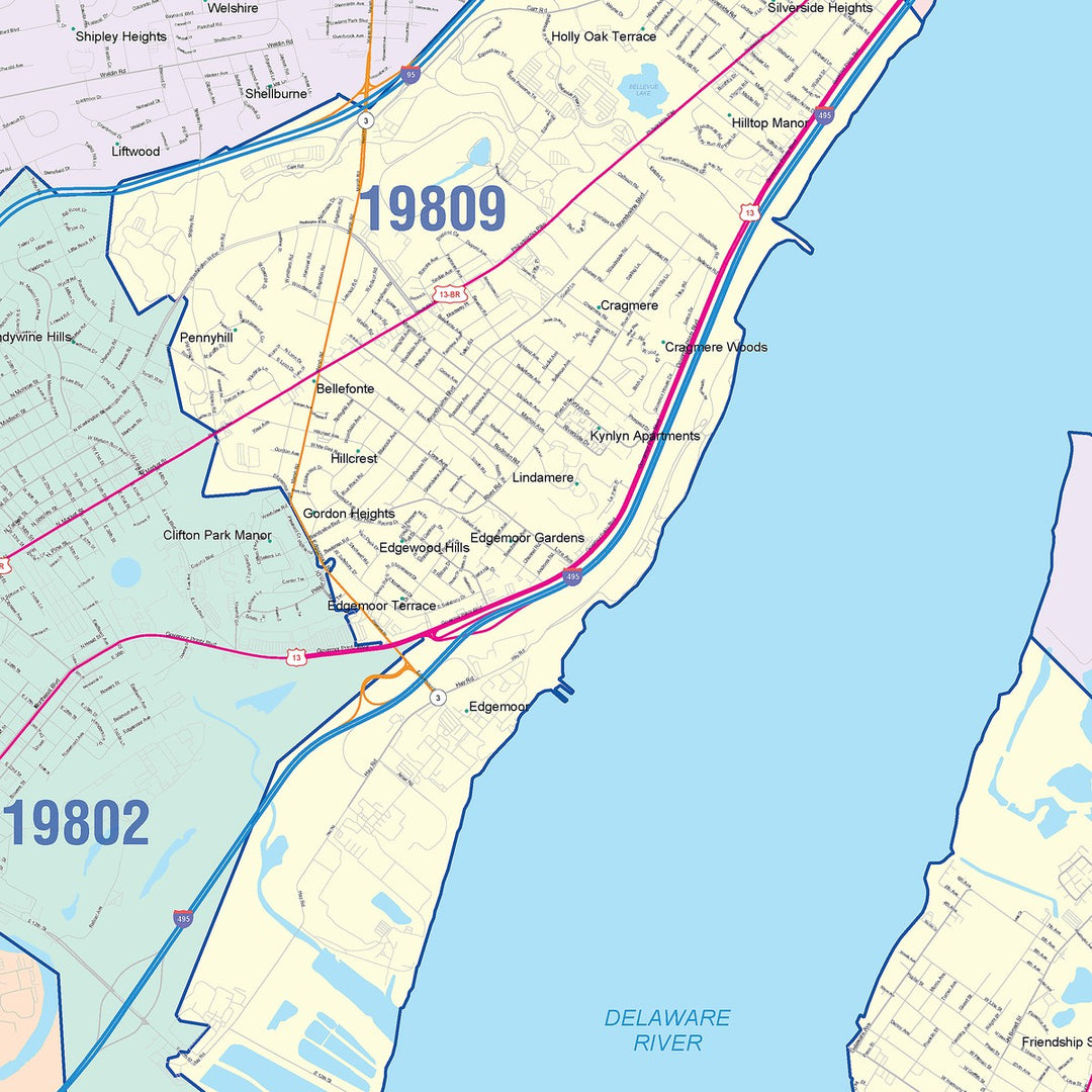 Color Cast Zip Code Style Wall Map of Wilmington, DE