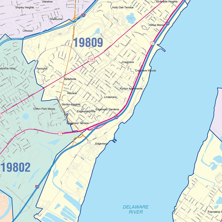 Color Cast Zip Code Style Wall Map of Wilmington, DE