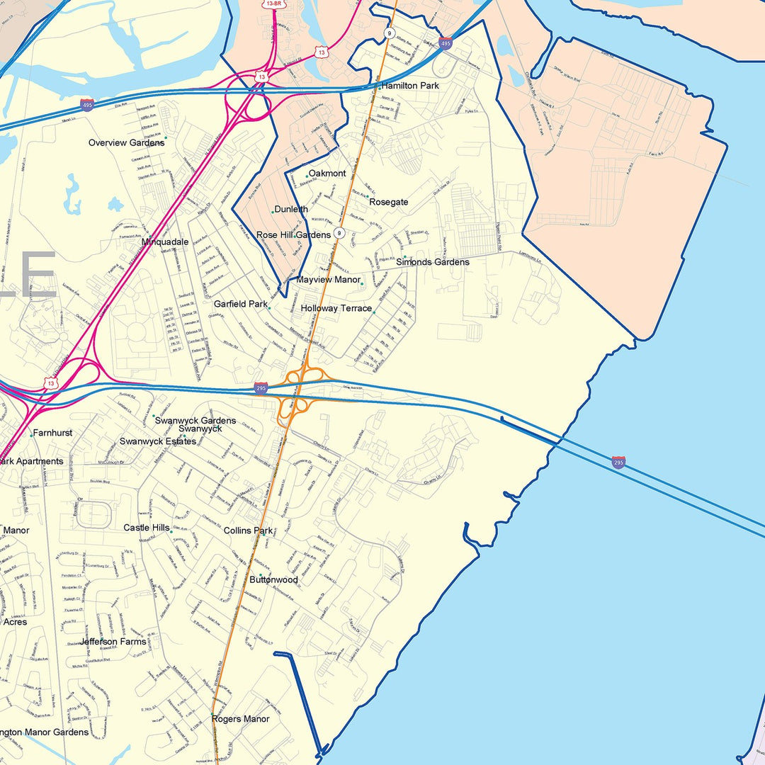 Color Cast Zip Code Style Wall Map of Wilmington, DE