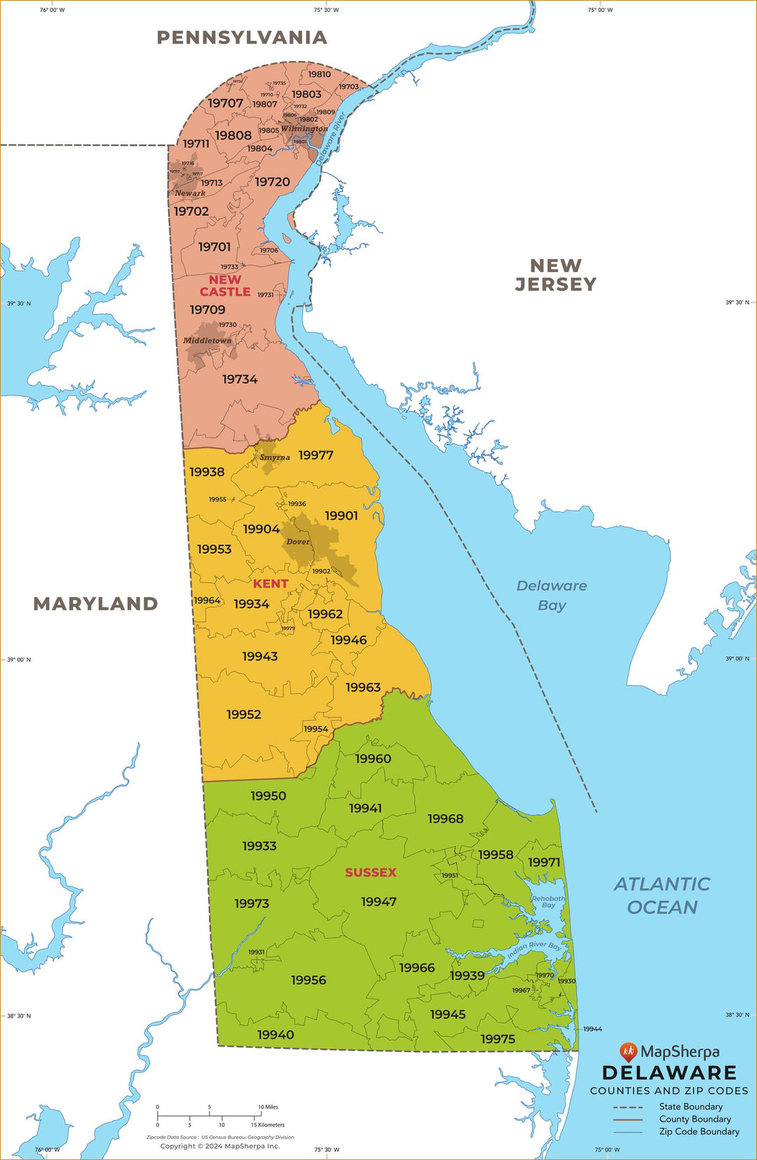 Delaware Zip Code Map with Counties
