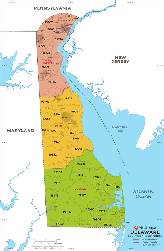 Delaware Zip Code Map with Counties