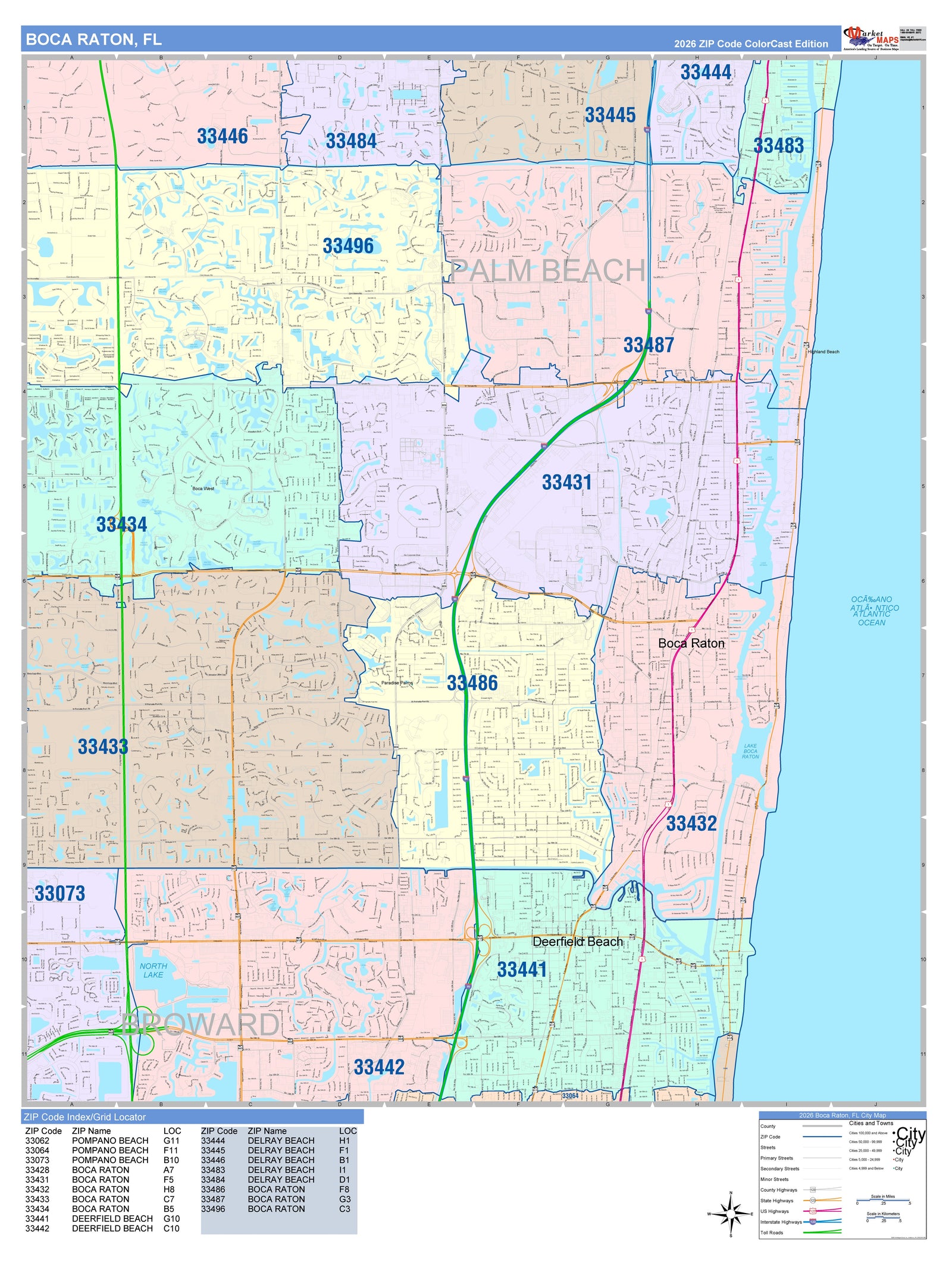 Color Cast Zip Code Style Wall Map of Boca Raton, FL