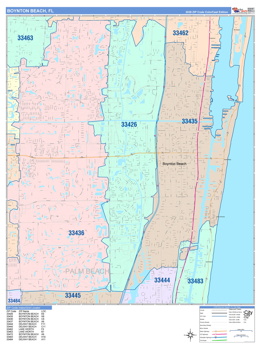 Color Cast Zip Code Style Wall Map of Boynton Beach, FL – American Map ...