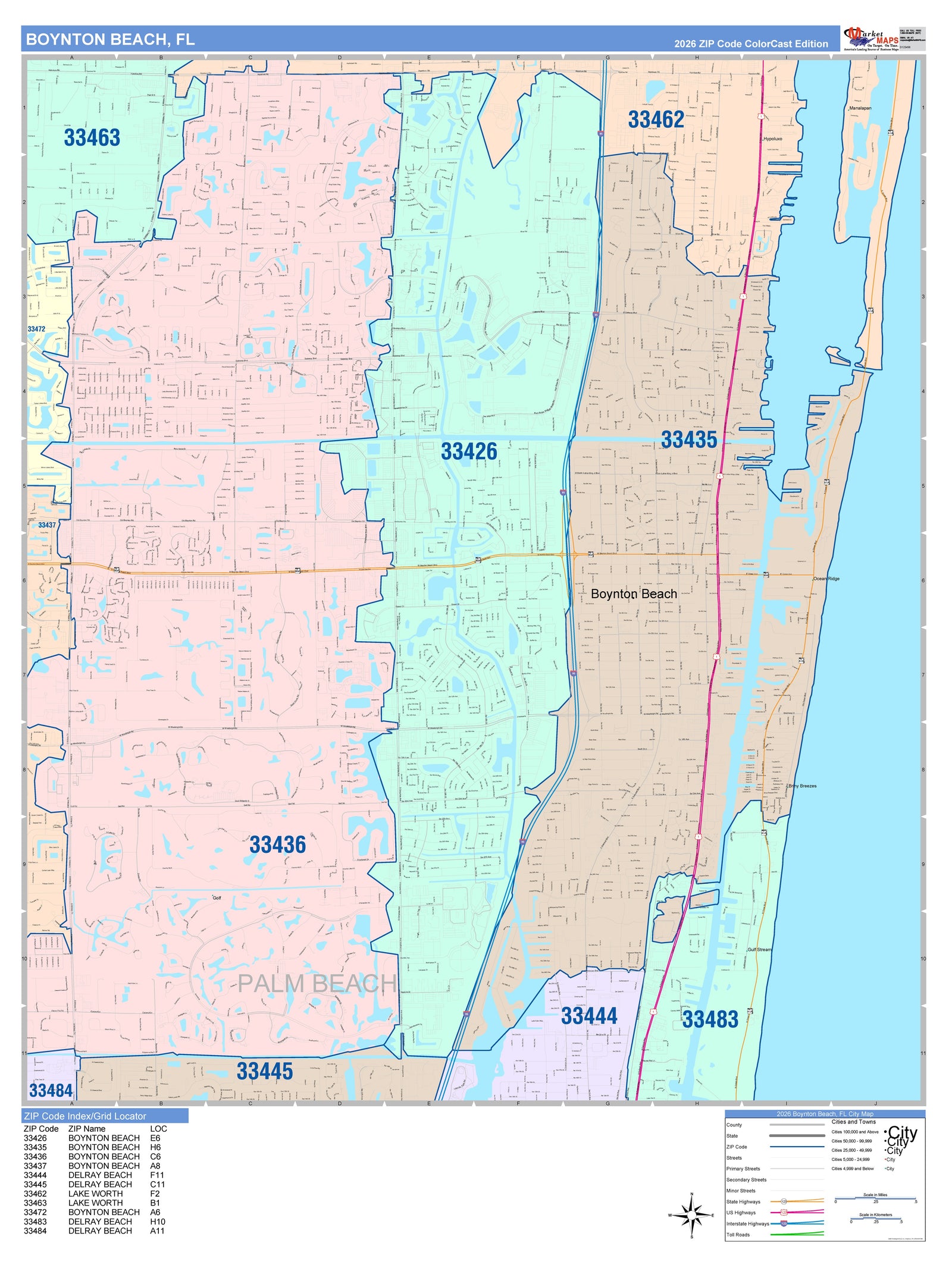 Color Cast Zip Code Style Wall Map of Boynton Beach, FL