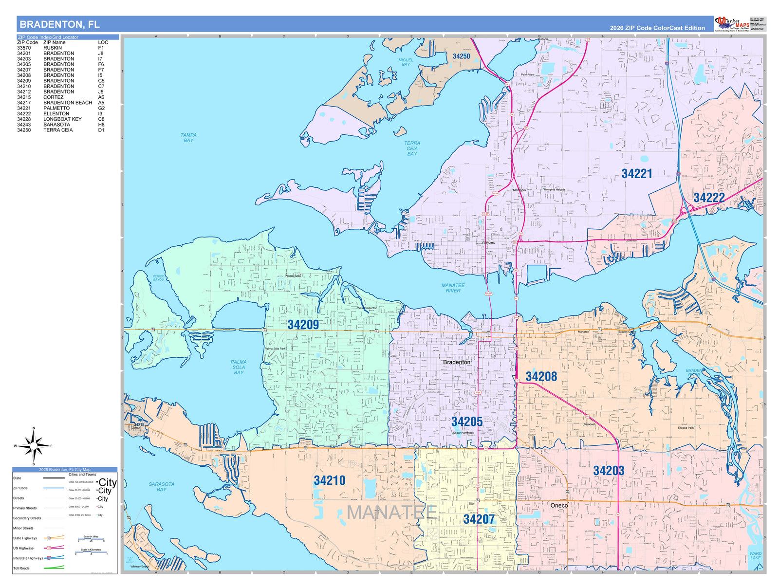 Color Cast Zip Code Style Wall Map of Bradenton, FL