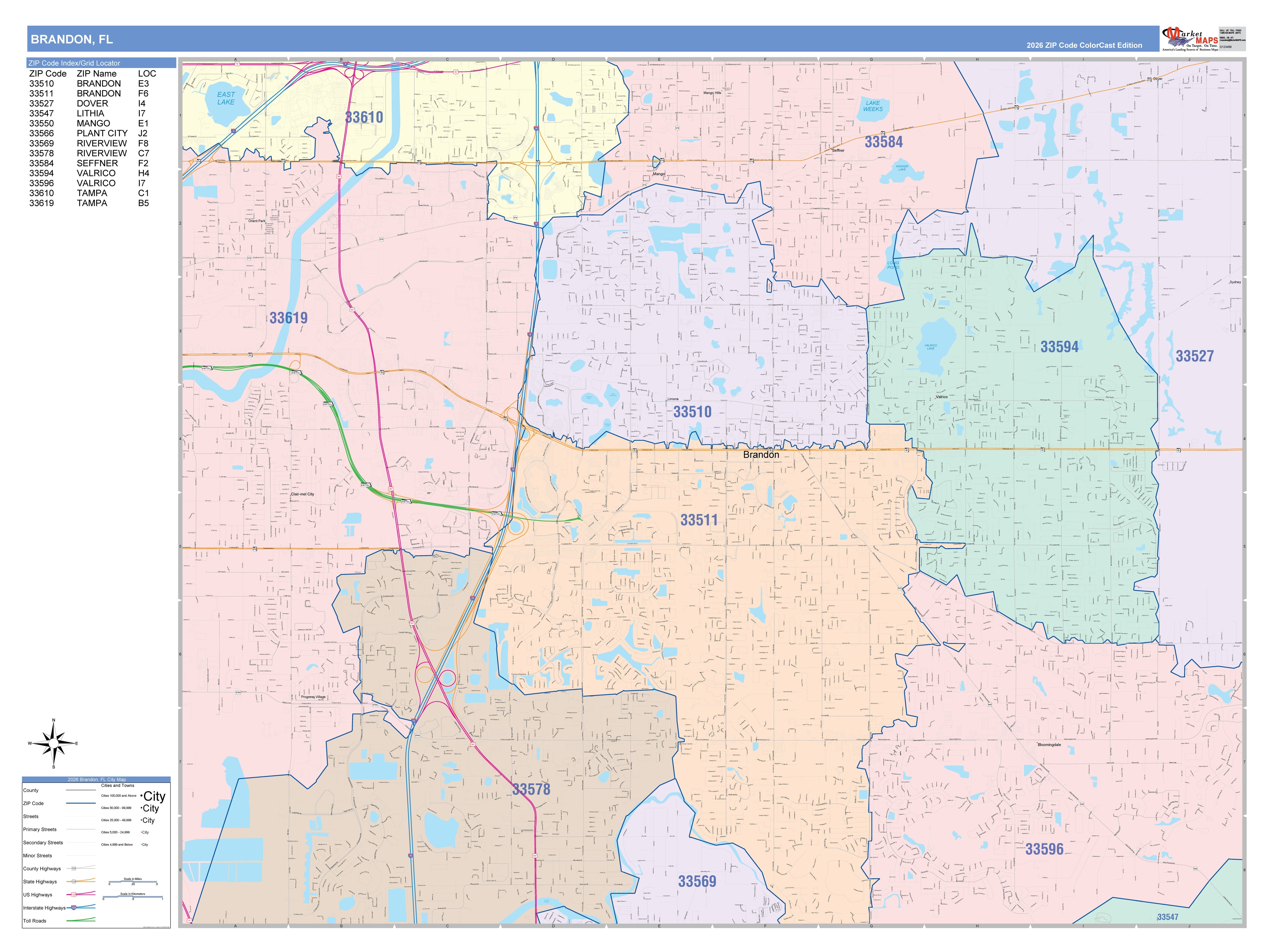 Color Cast Zip Code Style Wall Map of Brandon, FL – American Map Store