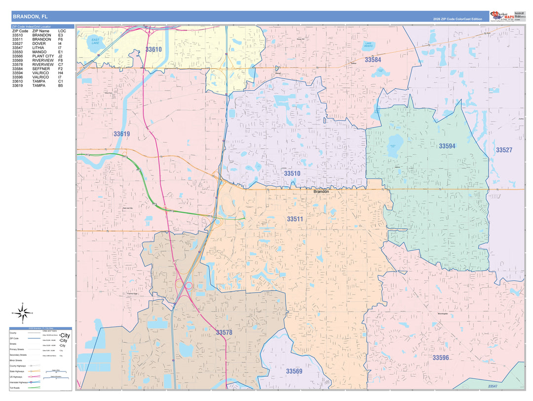 Color Cast Zip Code Style Wall Map of Brandon, FL