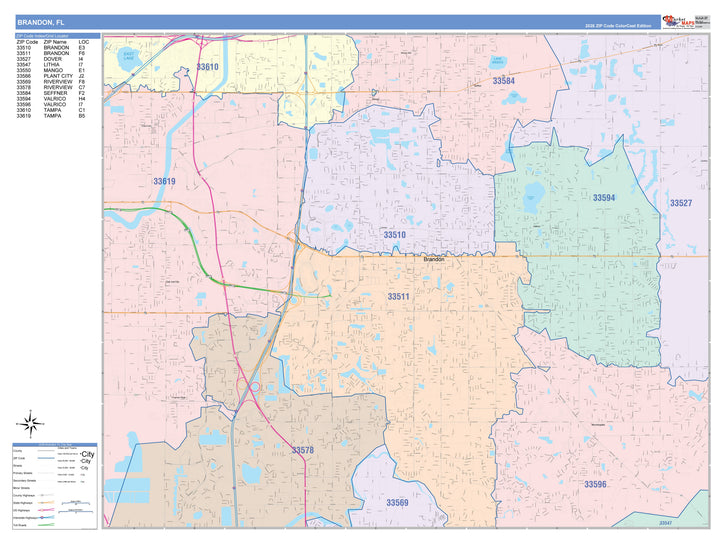 Color Cast Zip Code Style Wall Map of Brandon, FL