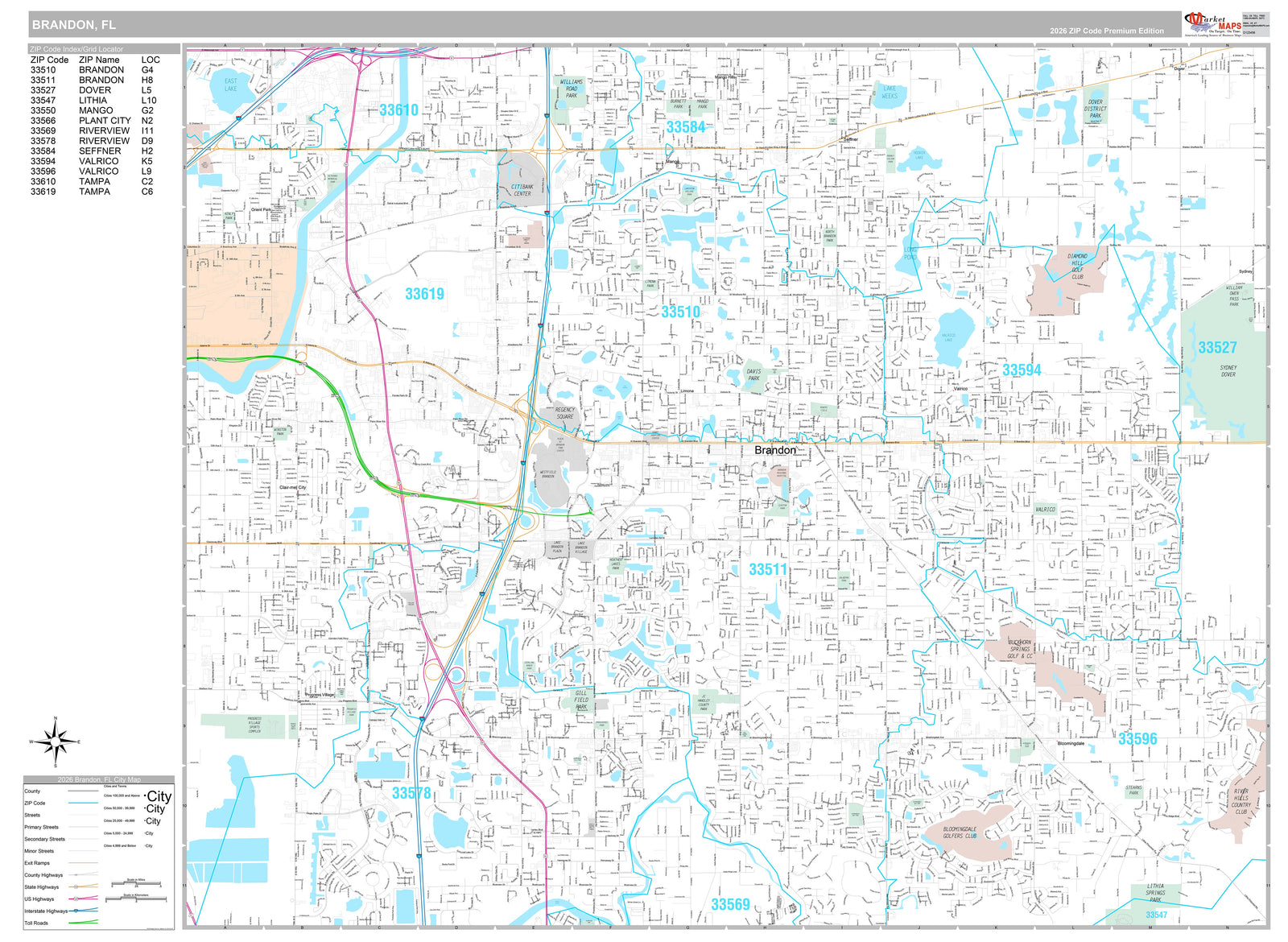 Premium Style Wall Map of Brandon, FL
