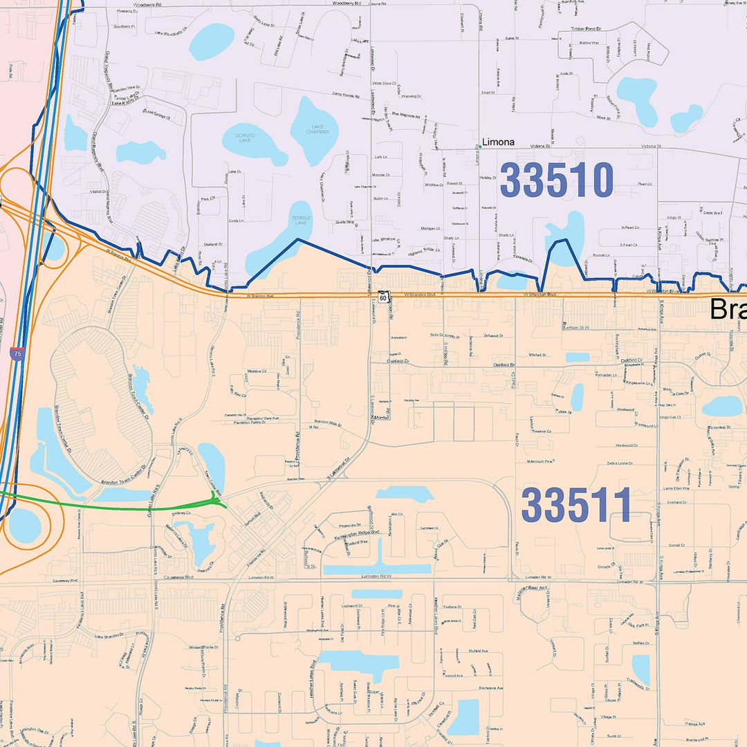 Color Cast Zip Code Style Wall Map of Brandon, FL