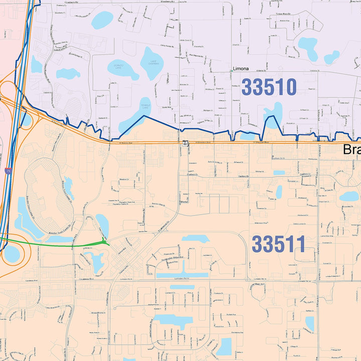 Color Cast Zip Code Style Wall Map of Brandon, FL