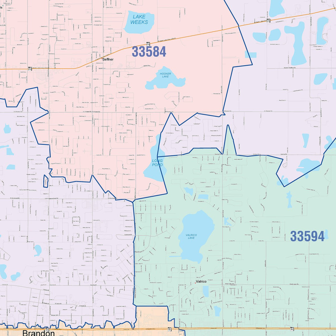 Color Cast Zip Code Style Wall Map of Brandon, FL